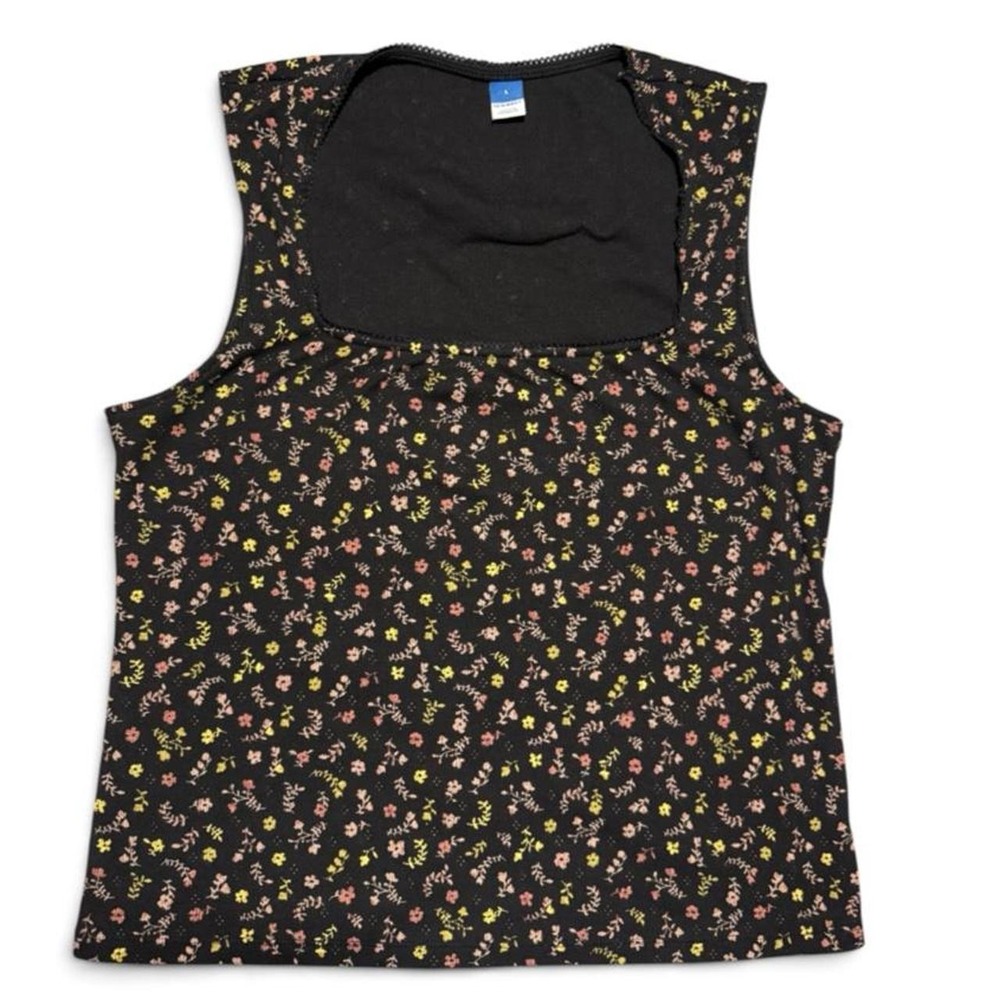 Old Navy Large Black Ditsy Floral Trapeze Neck Fitted Tank Top Cottagecore